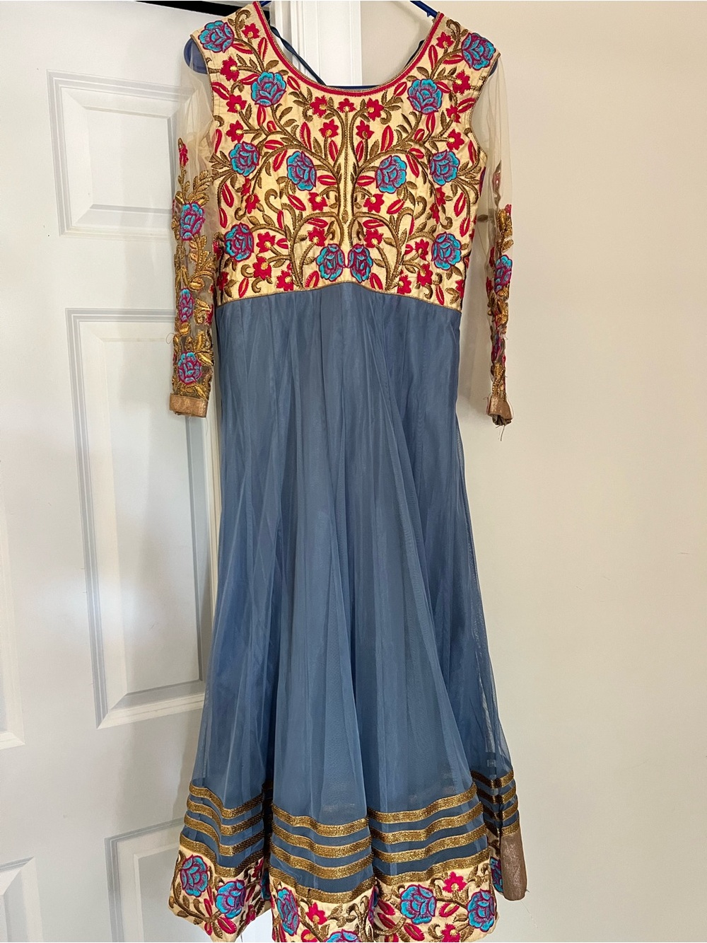 Embroidered Floral Anarkali Dress in Blue and Gold